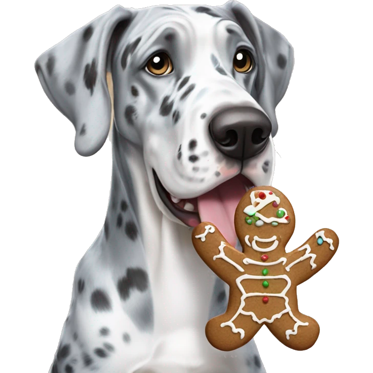 Blue Merle Great Dane eating gingerbread man emoji