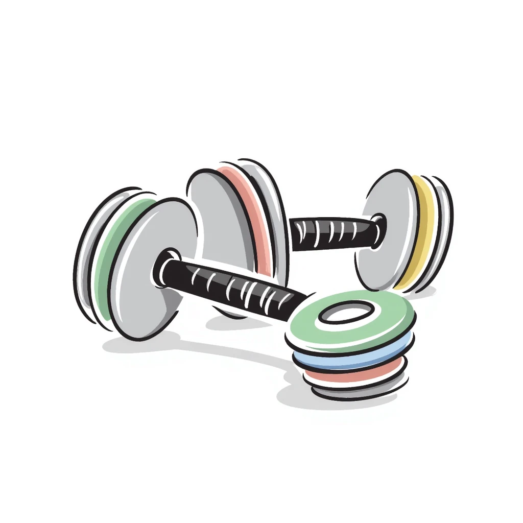Adjustable dumbbells with weight plates in pastel colors (dd9fb0, ffc6d3, a3bfc9, c4bee2, f1b091), hand-drawn doodle style emoji