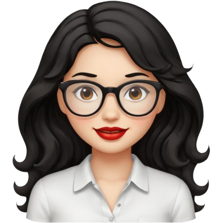 וחולצה קצרה חזה מובלט וחולצה בצבע לבן ואישוני עייים בצבע שחור, ואישוני עיינים בצבע שחור, ילדה עם שער שחור ארוך וגלי אבל לא יותר מידי מתולתל, אישונים שחורים, משקפיים,שפתיים אדומות ועסיסיות אבל לא יותר מידי,עם,לחיים עם הרבה סומק,מחייכת emoji