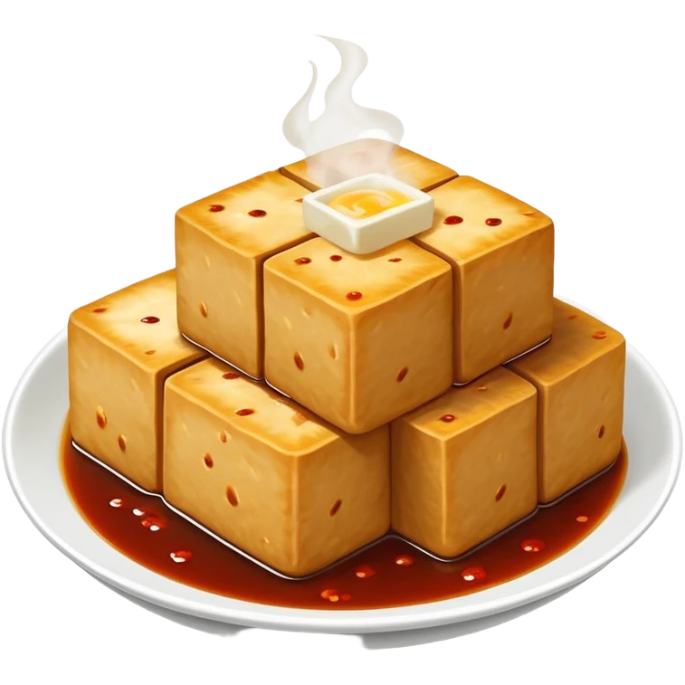 Changsha Stinky Tofu with visible steam and sauce, simplified emoji style with bold outlines and bright colors, cartoon style famous fermented snack emoji