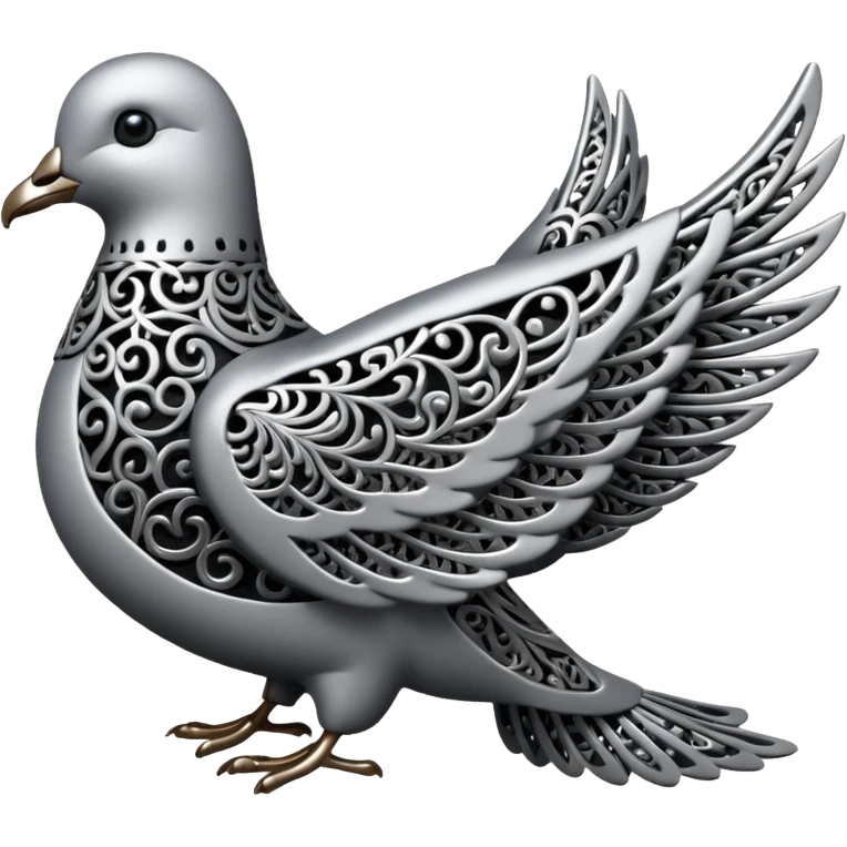 Black and silver filigree dove, 3D, extremely detailed design emoji
