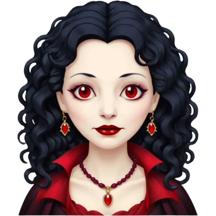 old Vampire lady Pale queen with ruby necklace, curly black long hair emoji