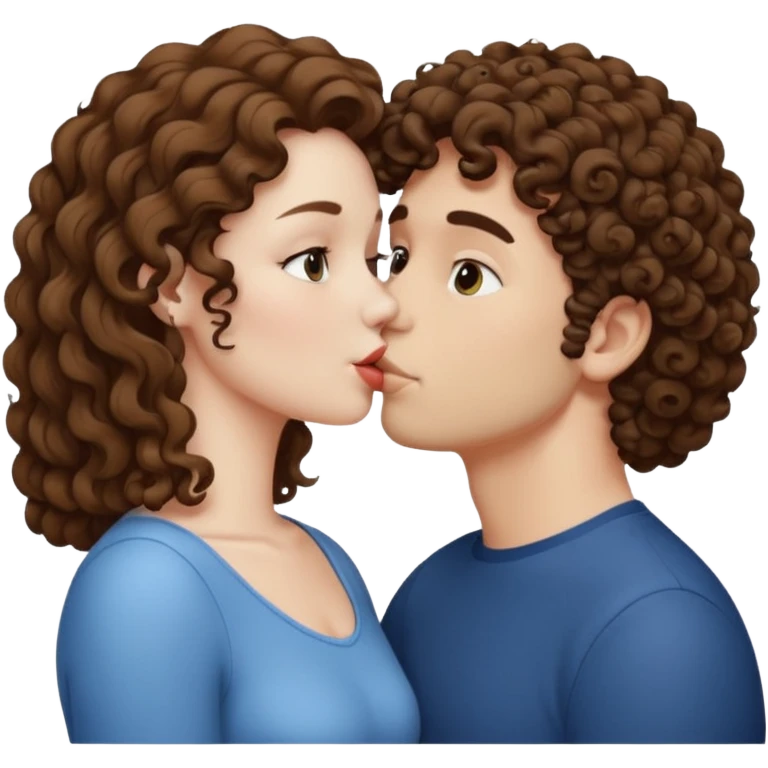 A couple kissing, the man would be white-skinned, short-curly, brown-haired. The serious woman with white skin, long hair and brown color emoji