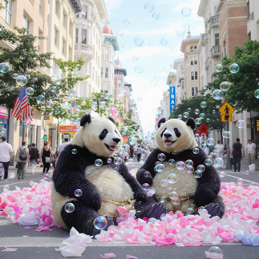 pandas bears sitting in bubbles flying around San Francisco downtown, sunny summer day, happy vibe emoji