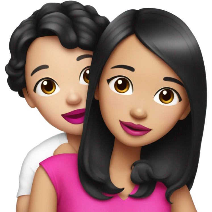 Thick medium black hair with hot pink lips and pink cheek smiling Filipino lady hugging black and white Chihuahua  emoji