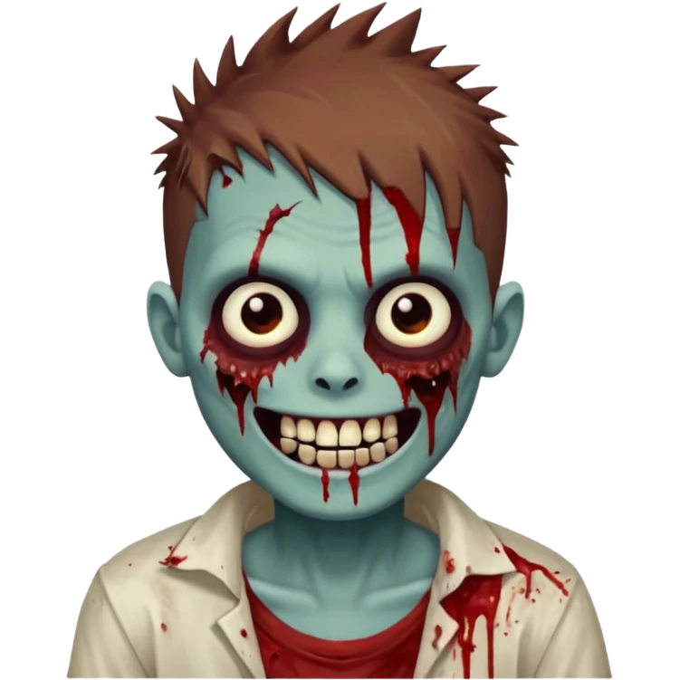 zombie boy with brown short spiky hair, white skin, and white eyes; an open smile, and bloodied teeth; emoji