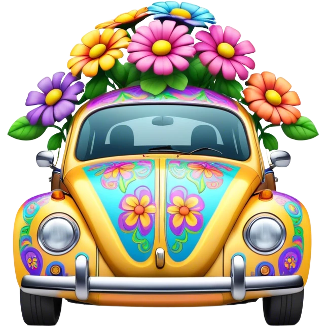 3D, psychedelic colored VW beetle with hippie style flowers emoji