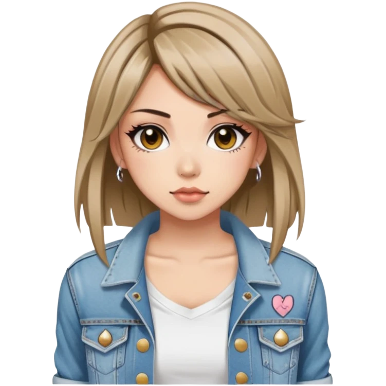 hime gyaru girl, tattoos, short brunette straight hair, white v neck tee with grunge jean jacket emoji