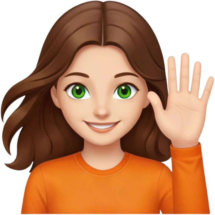smiling girl with long brown hair, middle hair split, waving, green eyes, orange shirt emoji
