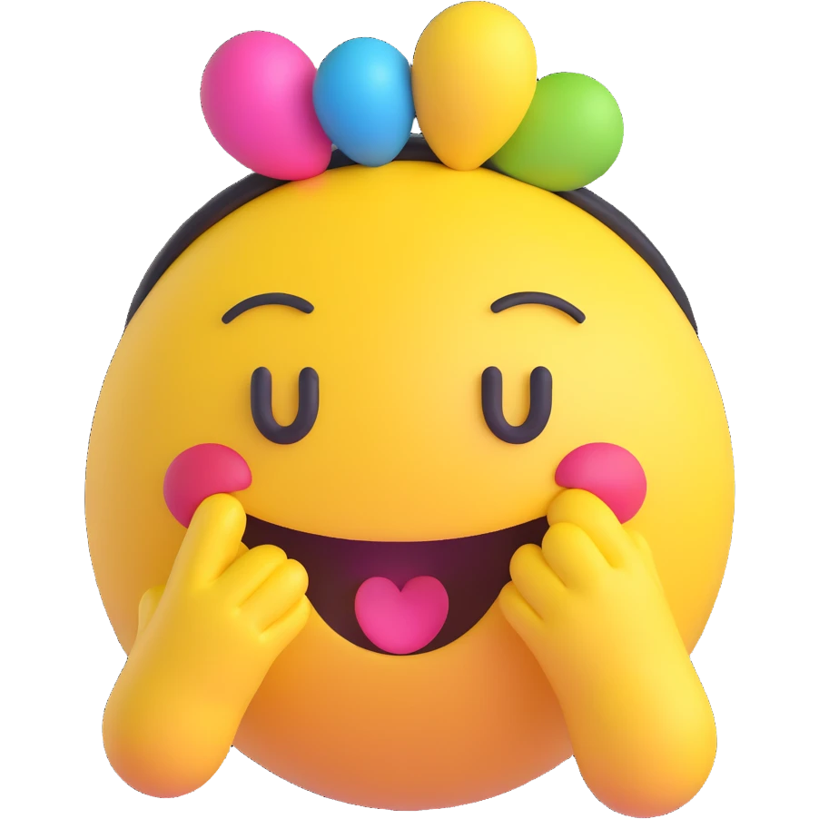 3D smiley emoji, large eyelashes, girly, colorful headband, blowing a kiss emoji