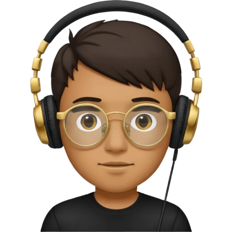 Un chico usando una camisa negra y audífonos, junto con sus lentes puestos de marco dorado. Diciendo GG arriba de su cabeza! emoji