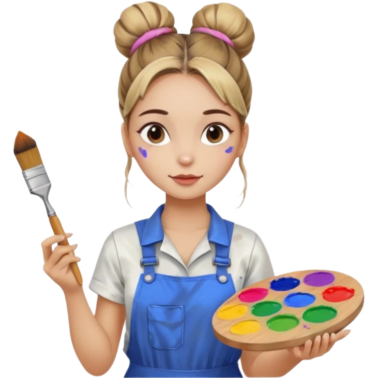 beautiful girl with a bun on her head in a jumpsuit with paint stains, holding a palette and a brush in her hands emoji