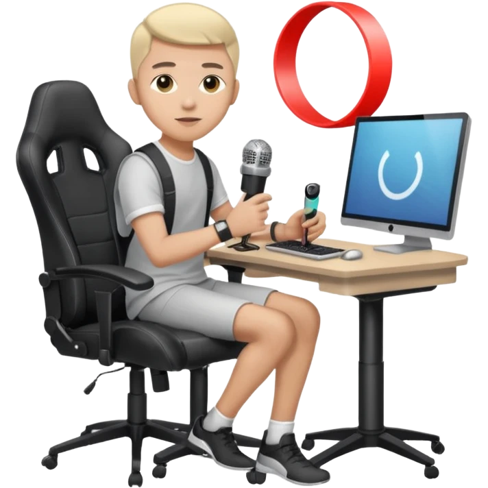 a setup of a youtuber, with a desktop pc on a table, a gaming chair, microphone, ring light emoji