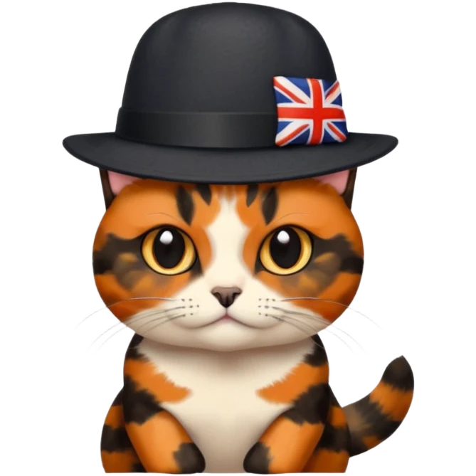 tortoiseshell cat with a british hat, a little sassy. more black than orange emoji