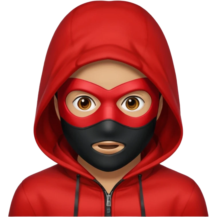 Q person with a red hood on and a black mask with a white square in the middle  emoji