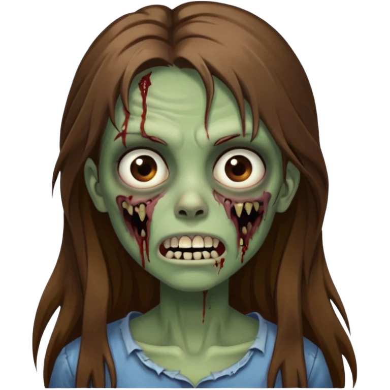 Girl zombie with brown long hair with teeth and serious face IOS style emoji