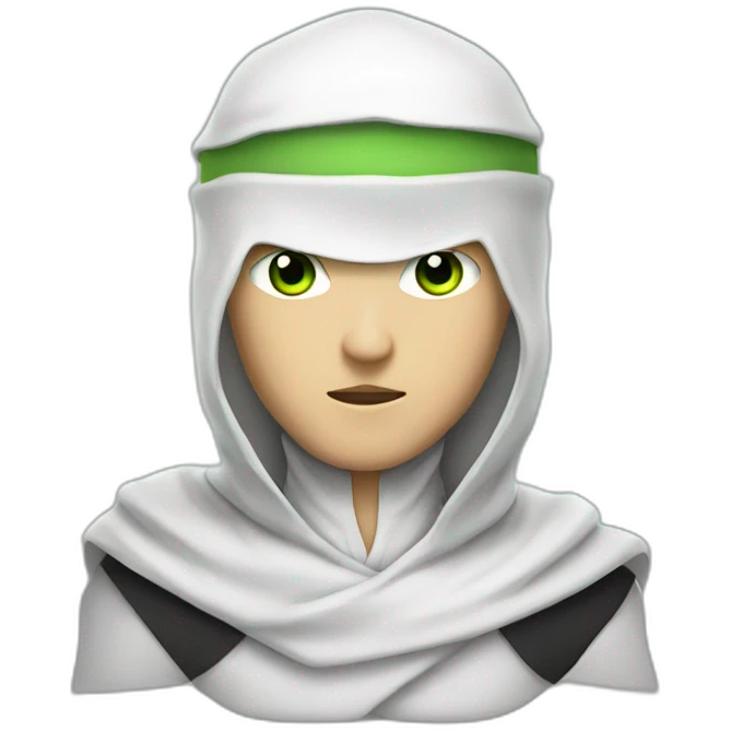 white ninja with a white veil on his head, green eyes emoji