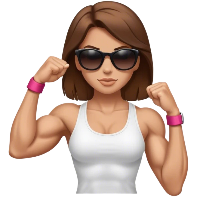 brown hair white girl super muscular posing with biceps muscles showing and wearing sunglasses emoji