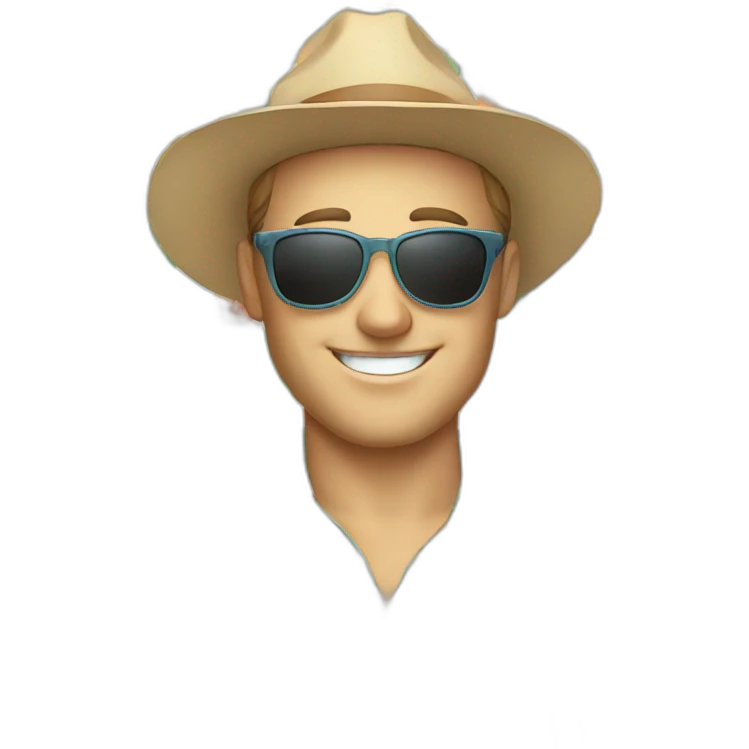 white man smiling wearing hat, sunglasses, floral shirt open emoji
