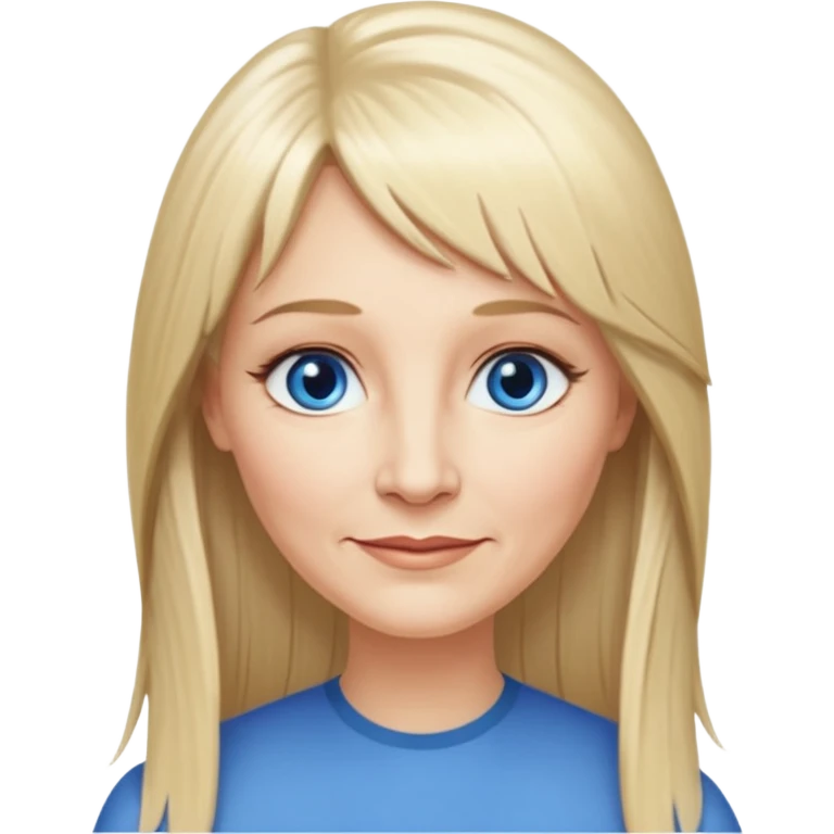 50 yr old white woman, feather bangs, very long straight blond hair, oval face, small smile, blue eyes, thin face, hair downback, hair parted at center of head, round cheeks, pale, longer hair emoji
