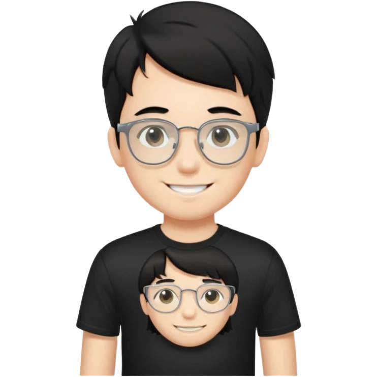 a boy wearing black t-shirts with the letters 'EDG', has fluffy short black hair and silver rectangular glasses emoji