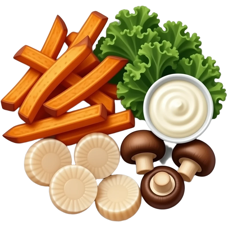 Realistic plate of sweet potato fries, kale, scallops, mushrooms and sour cream emoji