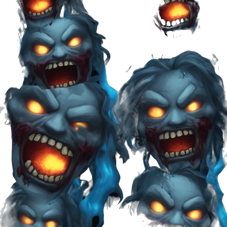 Dark black gray silver maroon fire zombie face l face photograph detailed blue flames in mouth blue glow emoji