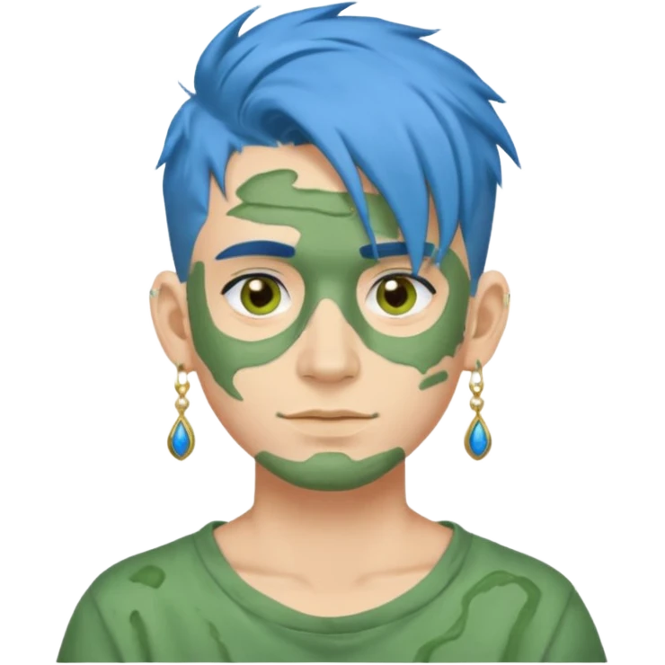 messy green clay mask man with earrings and blue hair emoji