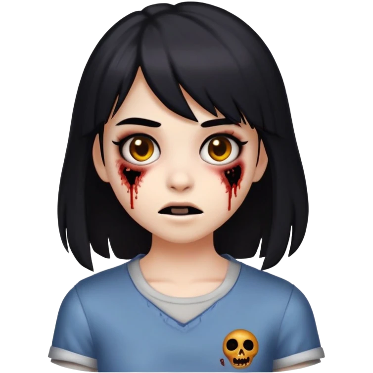 "An 18-year-old girl. Black, medium-length hair below the shoulders, with slightly long side bangs or parted in the middle. Brown eyes. Black eyebrows. In the shape of the zombie emoji '🧟‍♀️,' but without the hands in front." emoji