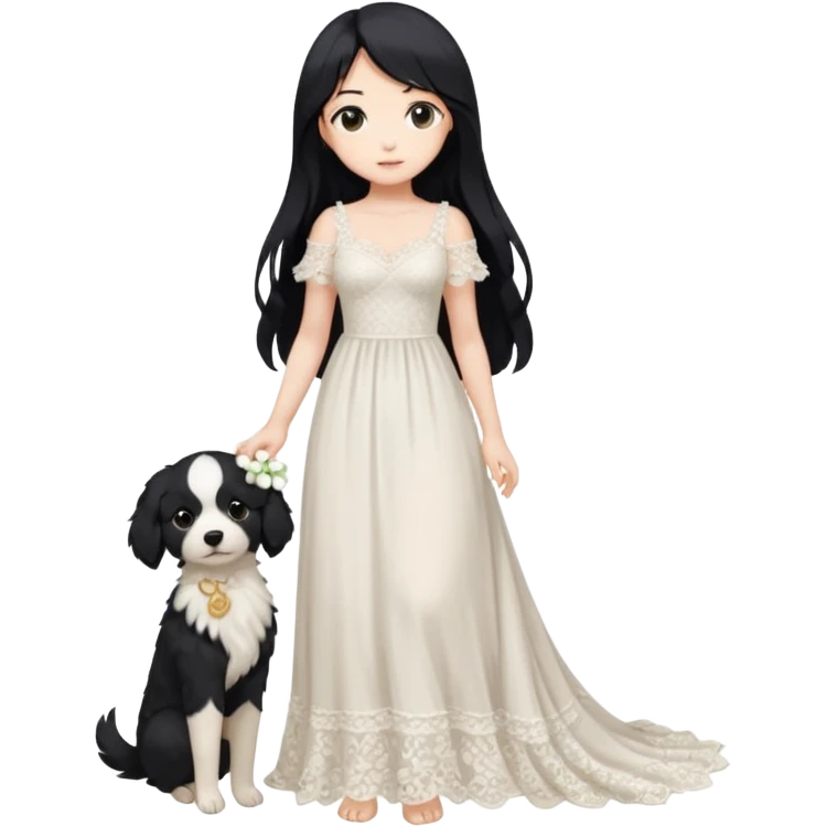Pastel anime lady long hair with long lace dress full body holding puppy emoji