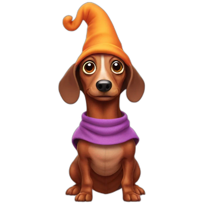Sausage dog dressed as a troll emoji