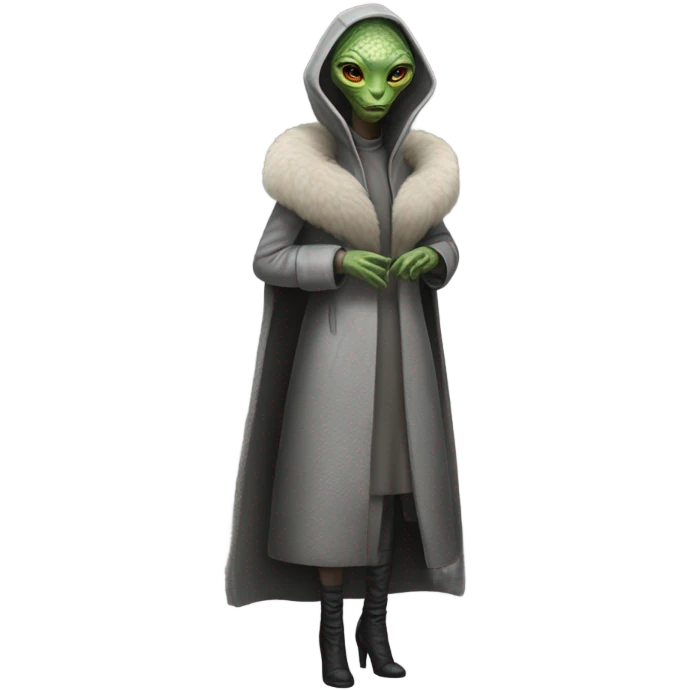a Reptilian alien woman, in gray dress, in fur coat, full body emoji