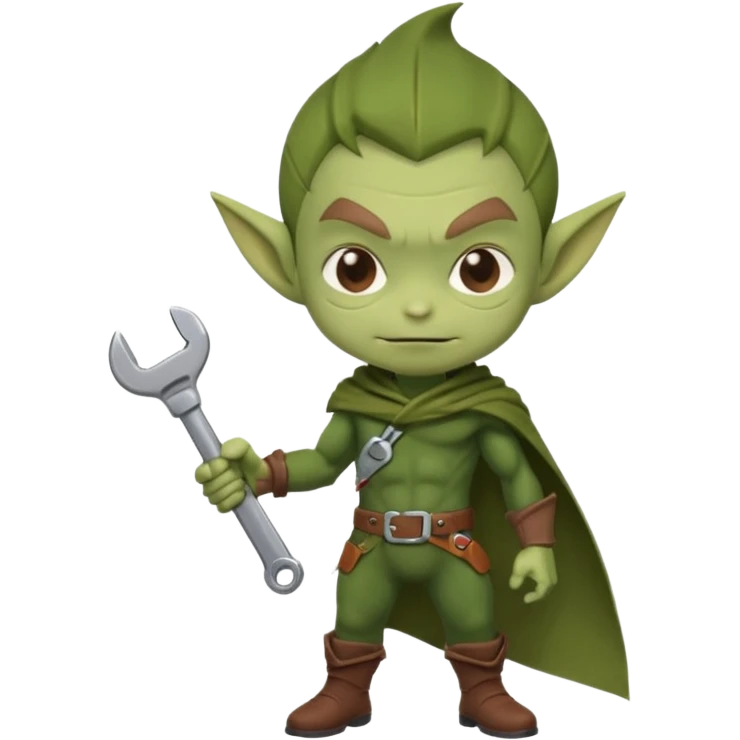 short green goblin, hold a wrench, brown cloth, cute chibi full body emoji