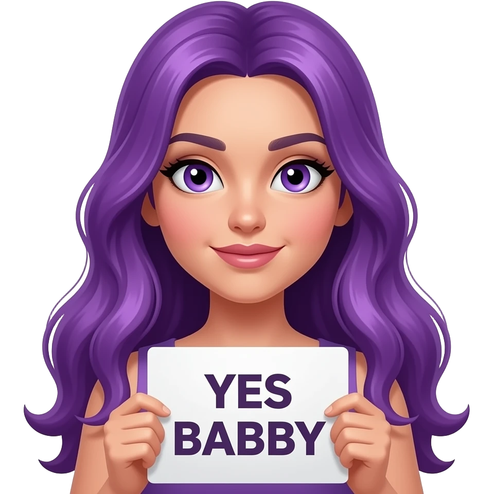 sexy girl with long purple hair and purple eyes holding a YES BABY sign emoji