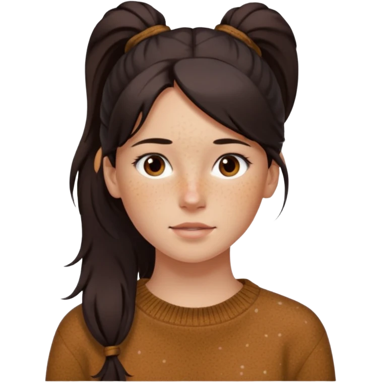 Девочка с длинными темными волосами в хвосте и веснушками в коричневой кофте emoji