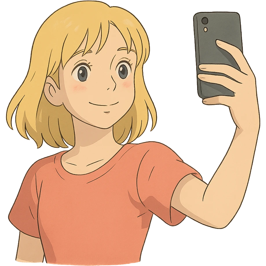 ghibli style illustration of a blonde girl taking a selfie with soft colors emoji