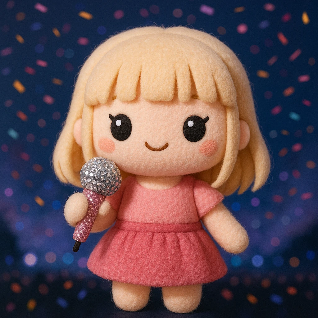 Pretty and girly Blonde pop star with bangs, holding a bedazzled microphone, reimagined as a soft kawaii plushie doll, with a nighttime concert backdrop with colorful confetti emoji