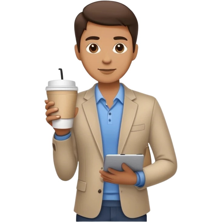 business owner standing confidently, holding a closed laptop in one hand and a takeaway coffee cup in the other. The character wears casual-smart clothes. emoji