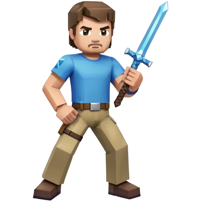 Jack Black as Minecraft Steve in combat pose holding sword, blocky character with brown hair, blue shirt, and purple pants emoji