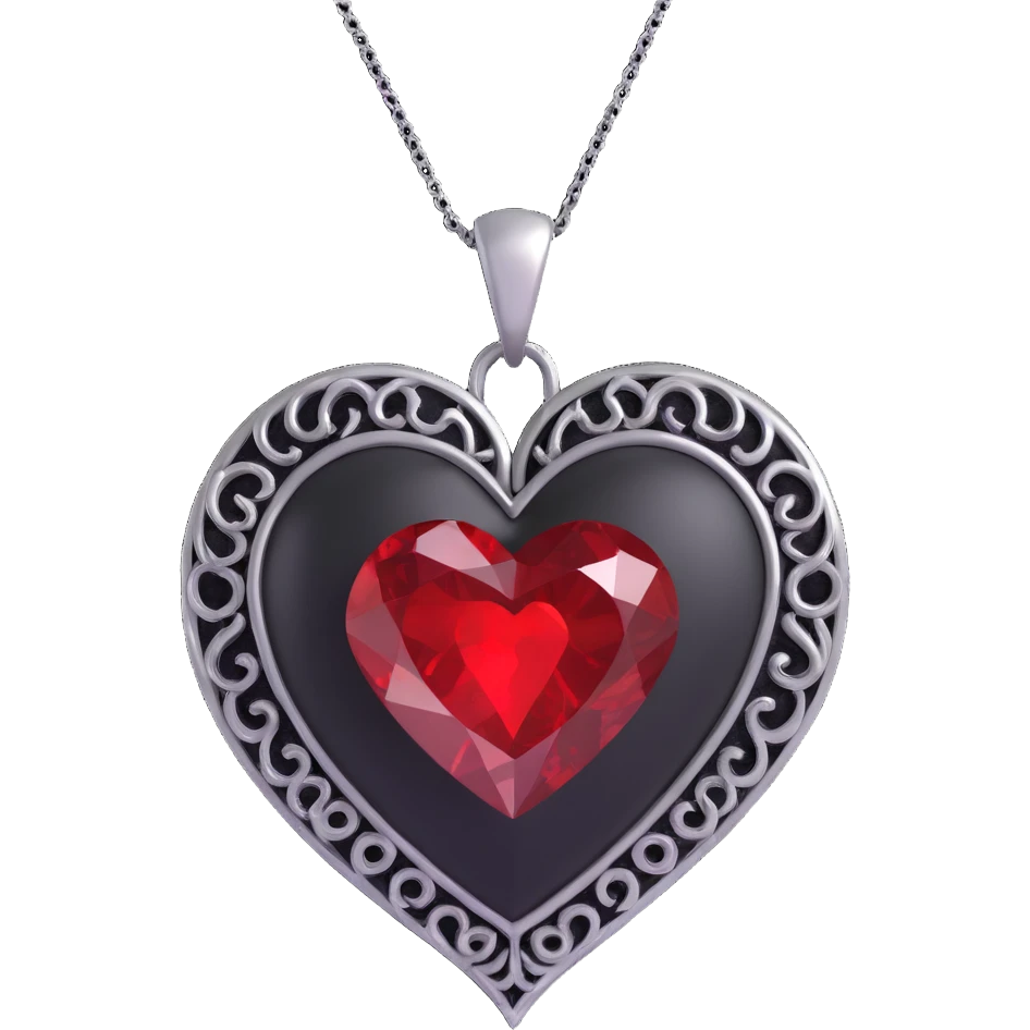 3D emoji gothic heart, black velvet texture, silver chain, blood red gemstone, ornate and dramatic emoji
