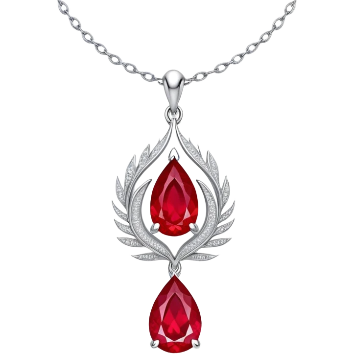 conceptual and ethereal teardrop ruby pendant with fiery light, a tiny phoenix feather emerging, haloed by shimmering white stones, and a silver chain, symbolizing rebirth emoji