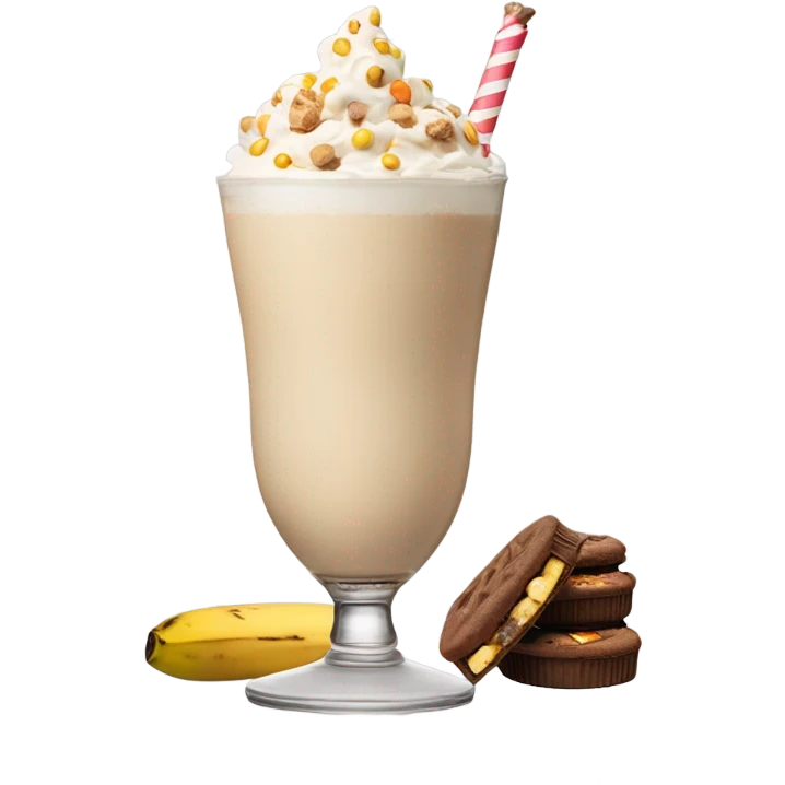 banana reese’s pieces milkshake topped with a toasted marshmallow, white chocolate boxing glove, and a peanut butter cookie emoji