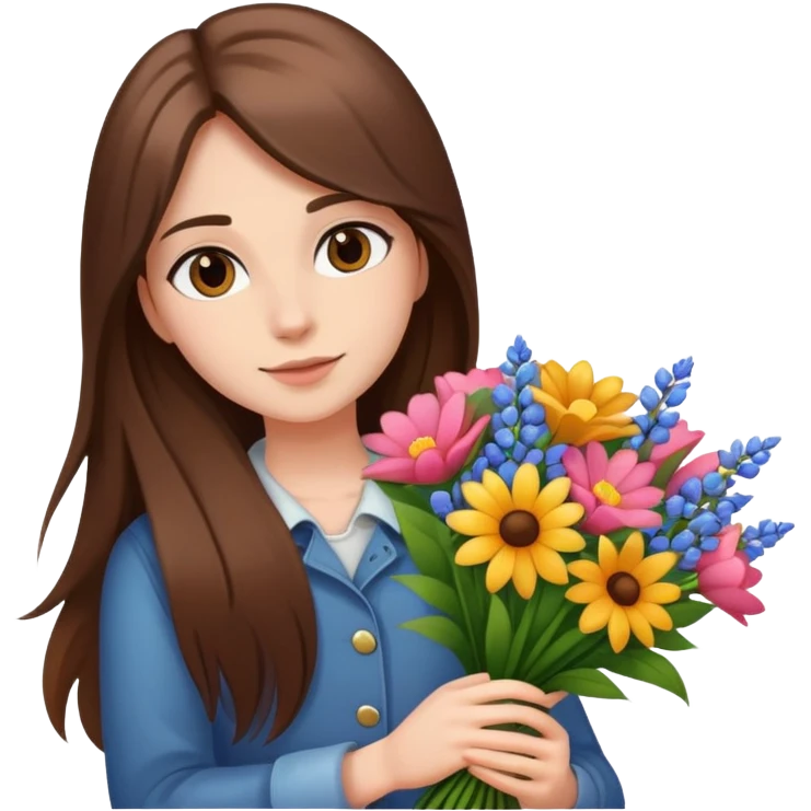 Cool girl with long brown hair and fair skin holding a bouquet of flowers emoji