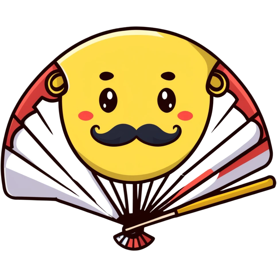 Colorful paper fan with smiling face and curly mustache emoji