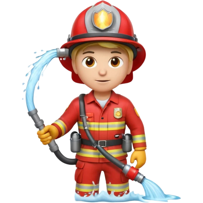 A 3D Apple-style emoji character dressed as a firefighter in a bright red uniform and helmet, holding a fire hose spraying water forward, determined expression with cartoonish eyes, water splashing effect, clean minimal background emoji