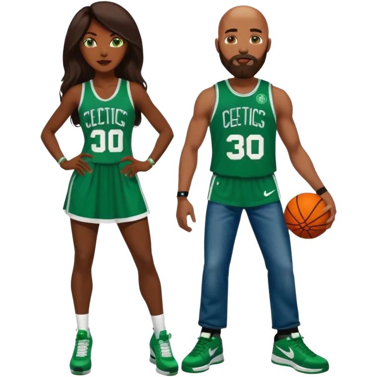 48-year-old dark skin black woman with brown eyes, long dark brown hair dressed in sexy 
celtics jersey dress outfit, wearing stilettos. A White bald man with orange beard facial hair. He has blue eyes, is wearing a Jason Tatum Boston Celtics Jersey, jeans & green Nike sneakers  emoji