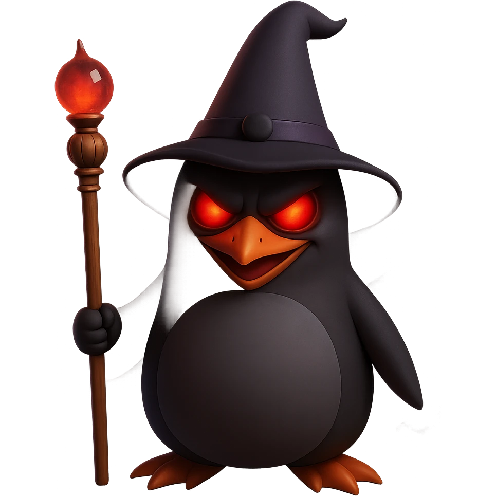 Make the crazy wizard penguin look evil, with a sinister expression, glowing red eyes, and dark magical aura in 3D emoji style. Use the general editor as 3D emoji style does not support editing. emoji
