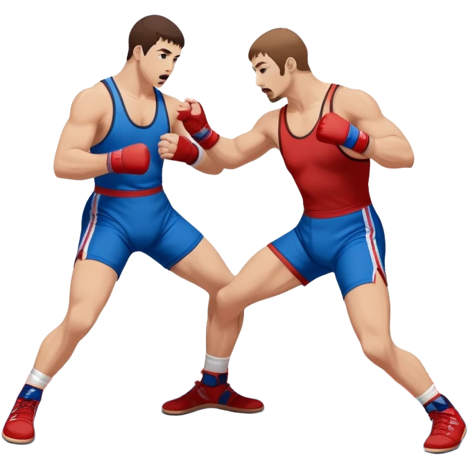 Two Sambo fighters in blue and red gis with shorts and wrestling shoes, executing gripping and throwing techniques. The fighters are engaged in a dynamic, action-packed moment with no strikes. The background features a wrestling mat, focusing on the technique and control. Transparent background  emoji
