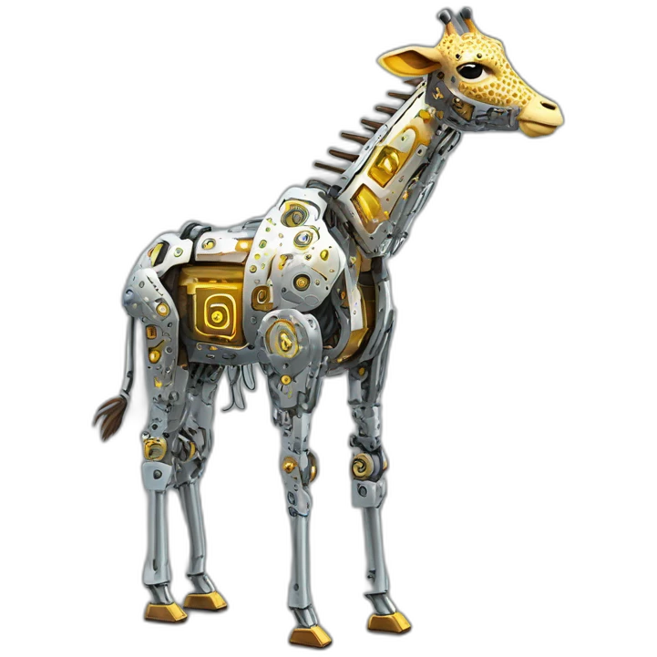 Una girafa robotica con patrones de circuitos brillantes en su piel, piernas con juntas móviles y piezas de metal relucientes emoji