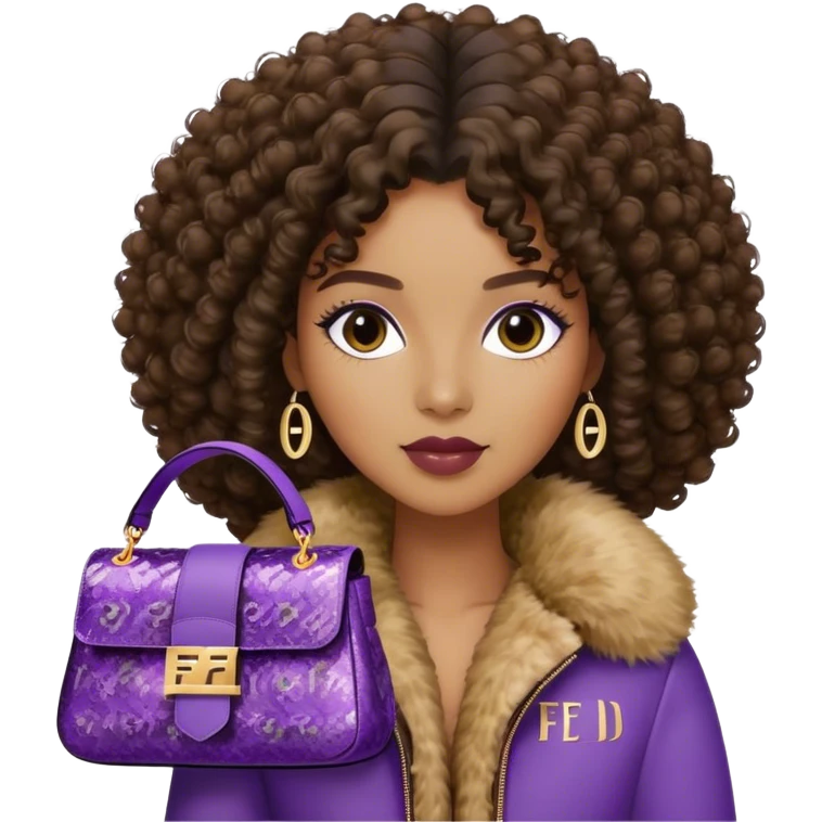 Beautiful black woman with curly hair. She is wearing a brown monogram Fendi jacket with a fur trim. She is carrying a Fendi Baguette
Purple sequined bag. I want the image close up. The jacket is not purple.  emoji